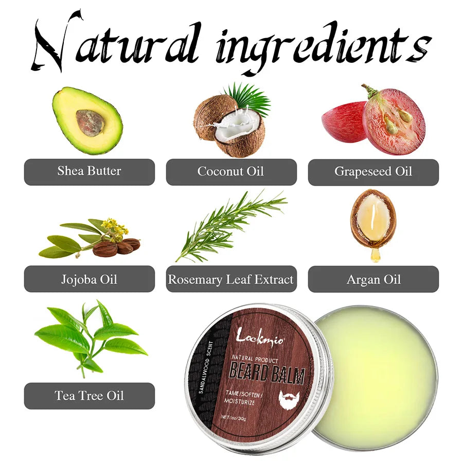 Men's Beard Balm Sandalwood Scent Butter Cream and Brush