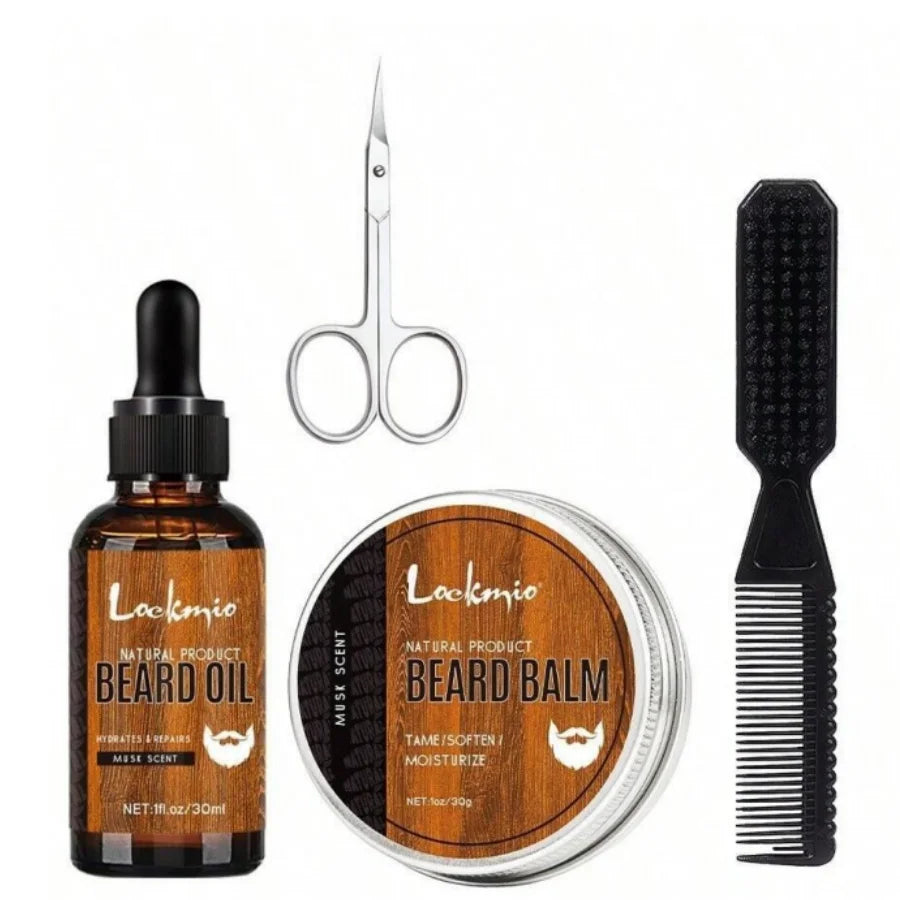 4pcs Beard Grooming Balm, Oil & Styling Tools